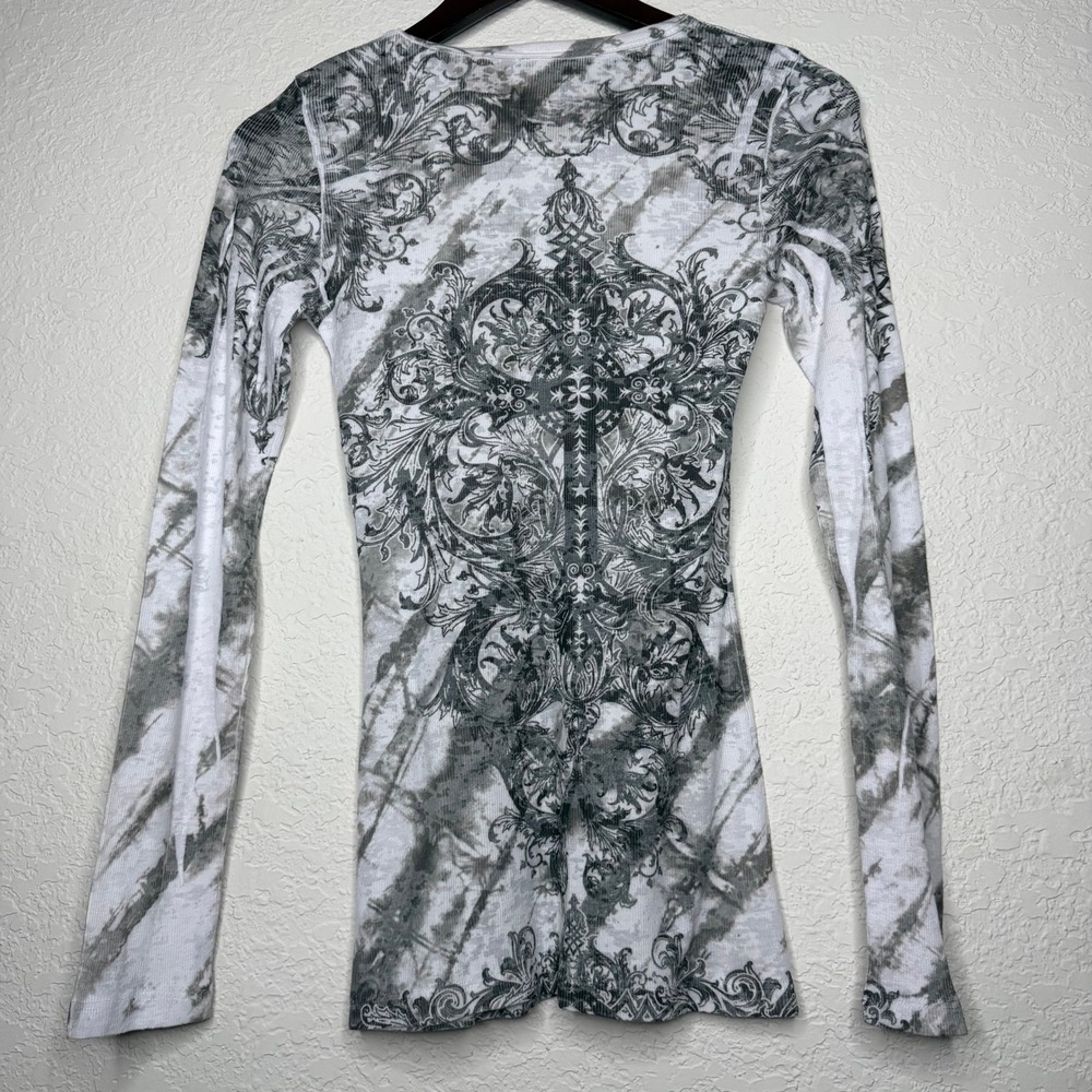 How Cute Y2K Womens Gray White Rhinestone Cross Graphic Long Sleeve Top Medium